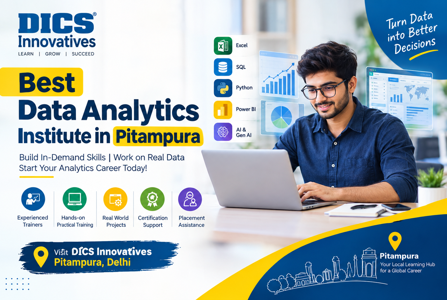 Learn job-ready data analytics skills at DICS Innovatives, the Best Data Analytics Institute in Pitampura. Get practical training in Excel, SQL, Python, Power BI & AI.